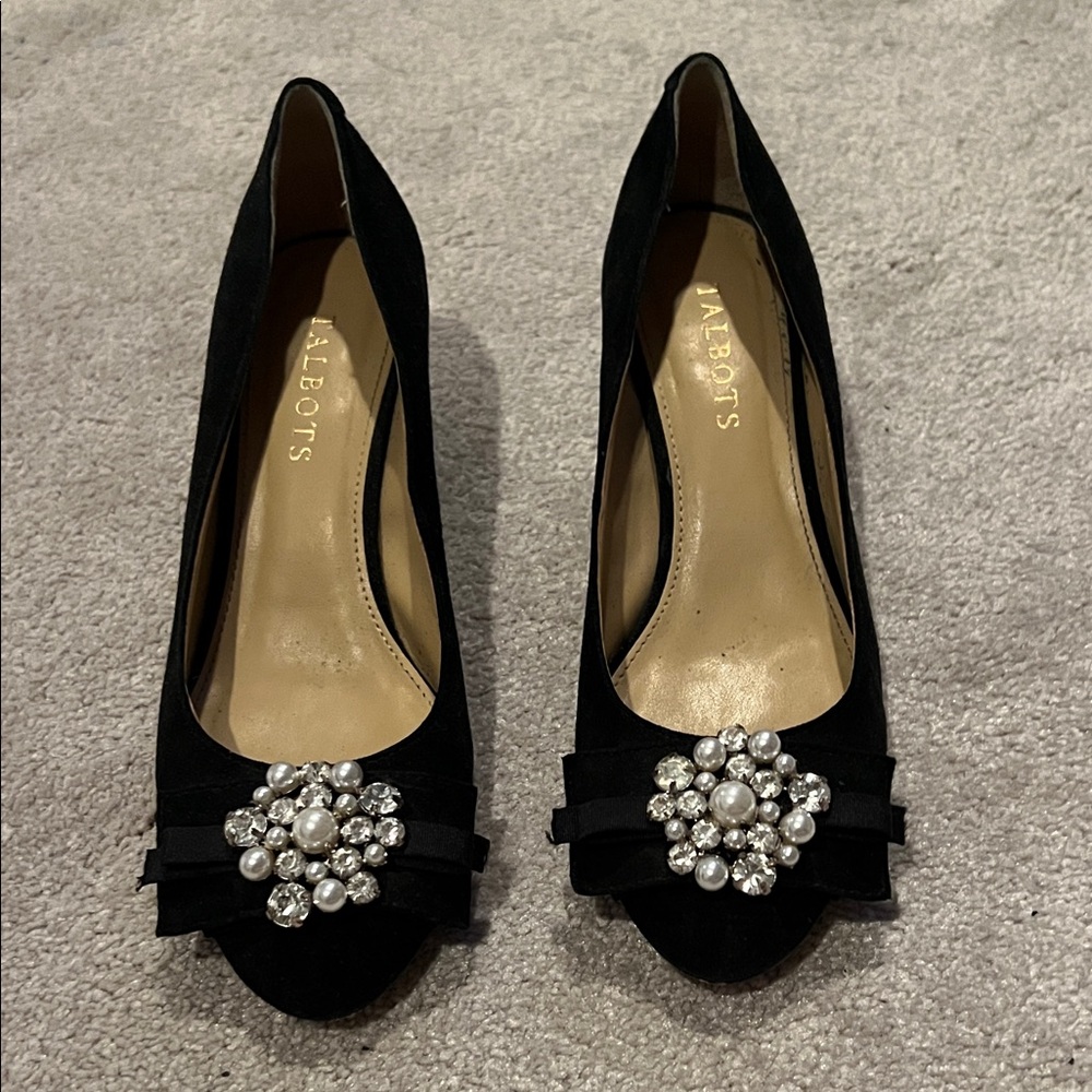 Black Block Heels with Pearl Embellishments